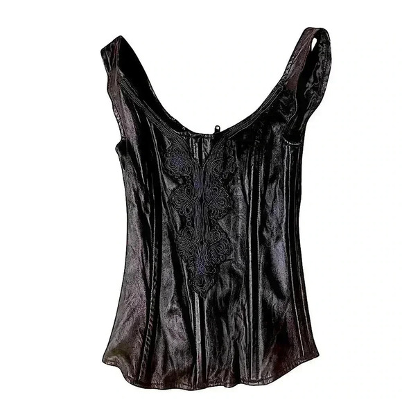 Black Leather Corset top with zip-up closure || Hilary's Vanity || Size XS - Picture 2 of 4